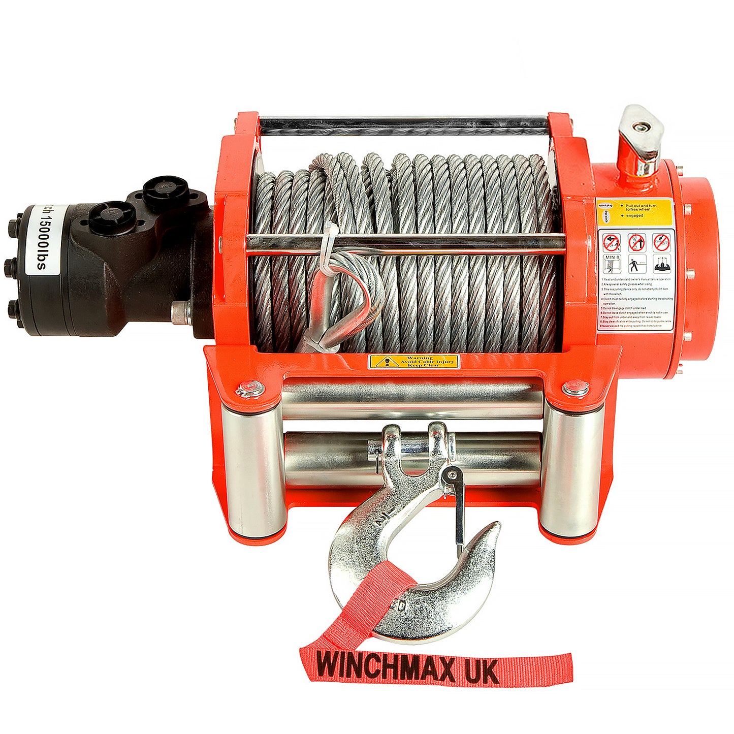 15,000lb (6,804kg) Original Orange Hydraulic Winch. 25m x 12mm Steel Rope. 1/2 inch Clevis Hook.