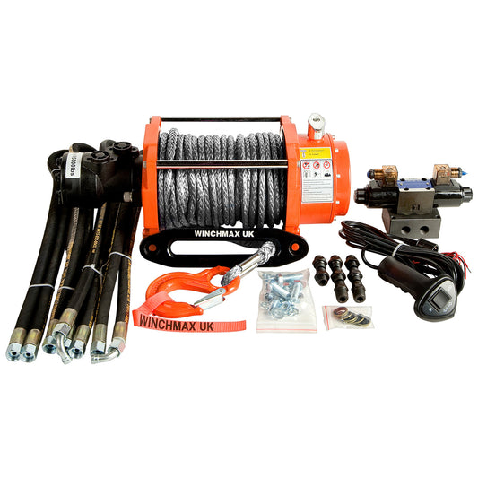15,000lb (6,804kg) Original Orange Hydraulic Winch. 25m x 12mm Dyneema Rope. Competition Hook. 24V Control System.