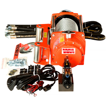 10,000lb (4,536kg) Original Orange Hydraulic Winch. 25m x 9.1mm Steel Rope. 3/8 Inch Clevis Hook. 24V Control System.