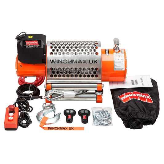 20,000lb (9,072kg) Original Orange Recovery 24v Electric Winch. 25m x 14mm Steel Rope, Wireless Remote Controls.