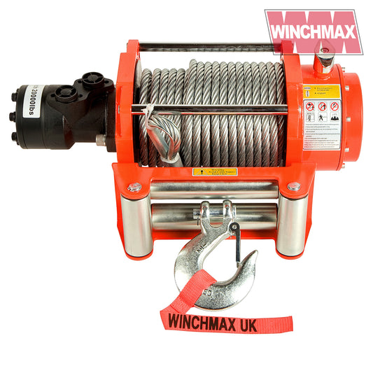 20,000lb (9,072kg) Original Orange Hydraulic Winch. 25m Steel Rope. 1/2 Inch Clevis Hook.