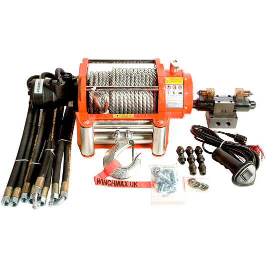 Treuil hydraulique orange d'origine de 20 000 lb (9 072 kg). Câble en acier de 25 m x 14 mm. Crochet à chape de 1/2 pouce. Système de contrôle 12 V.