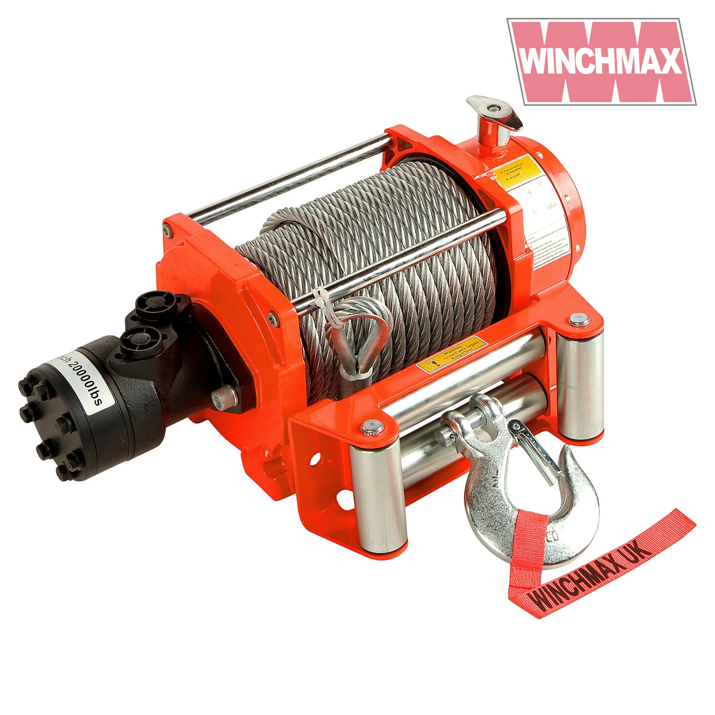 20,000lb (9,072kg) Original Orange Hydraulic Winch. 25m Steel Rope. 1/2 Inch Clevis Hook.