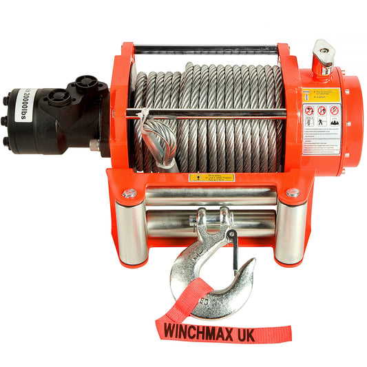 Treuil hydraulique orange d'origine WINCHMAX 20 000 lb (9 072 kg). Câble en acier de 25 m. Crochet à chape de 1/2 pouce.