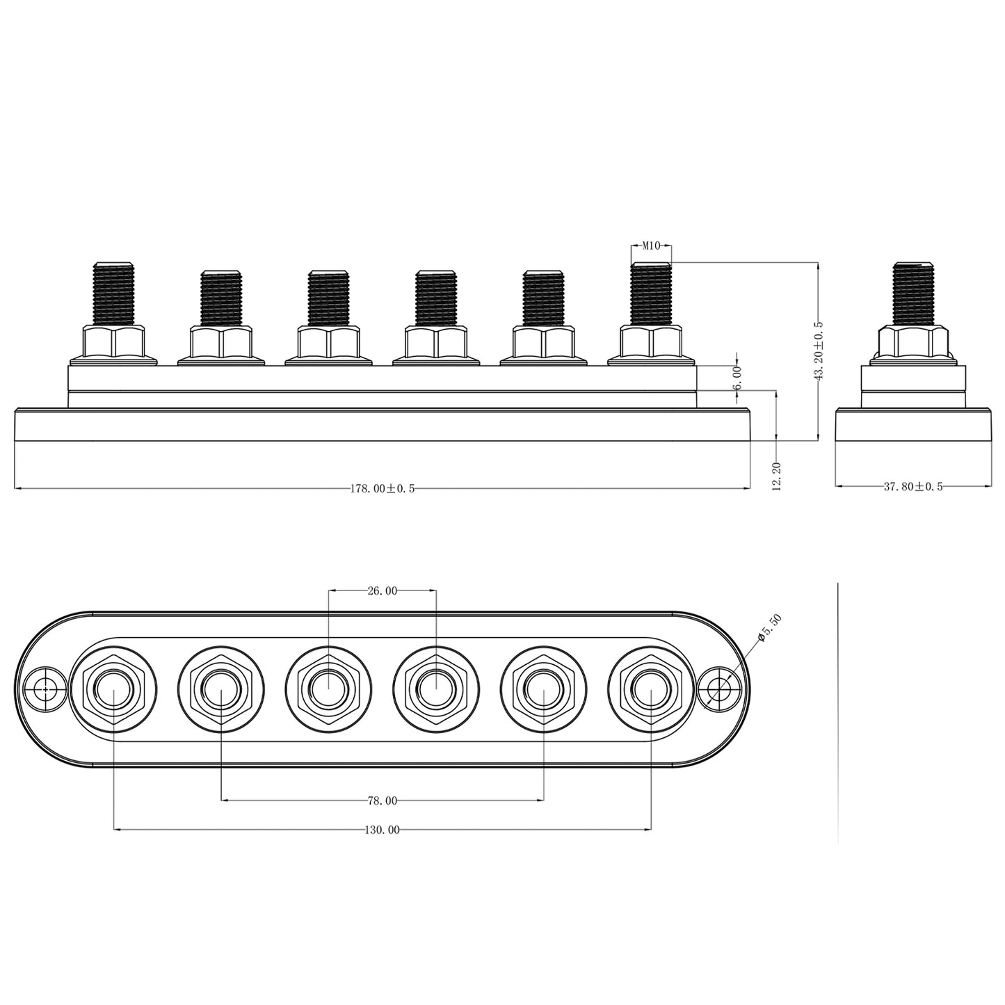 Bus Bar 300a 6xM10 terminal. Red.