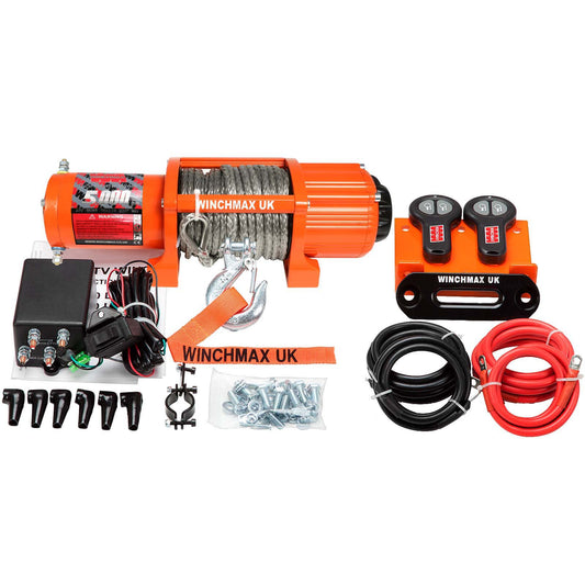 5,000lb (2,268kg) Original Orange 12v Winch. 15.2m x 6.3mm Dyneema Rope, 1/4 Inch Clevis Hook, Twin Remote Controls.