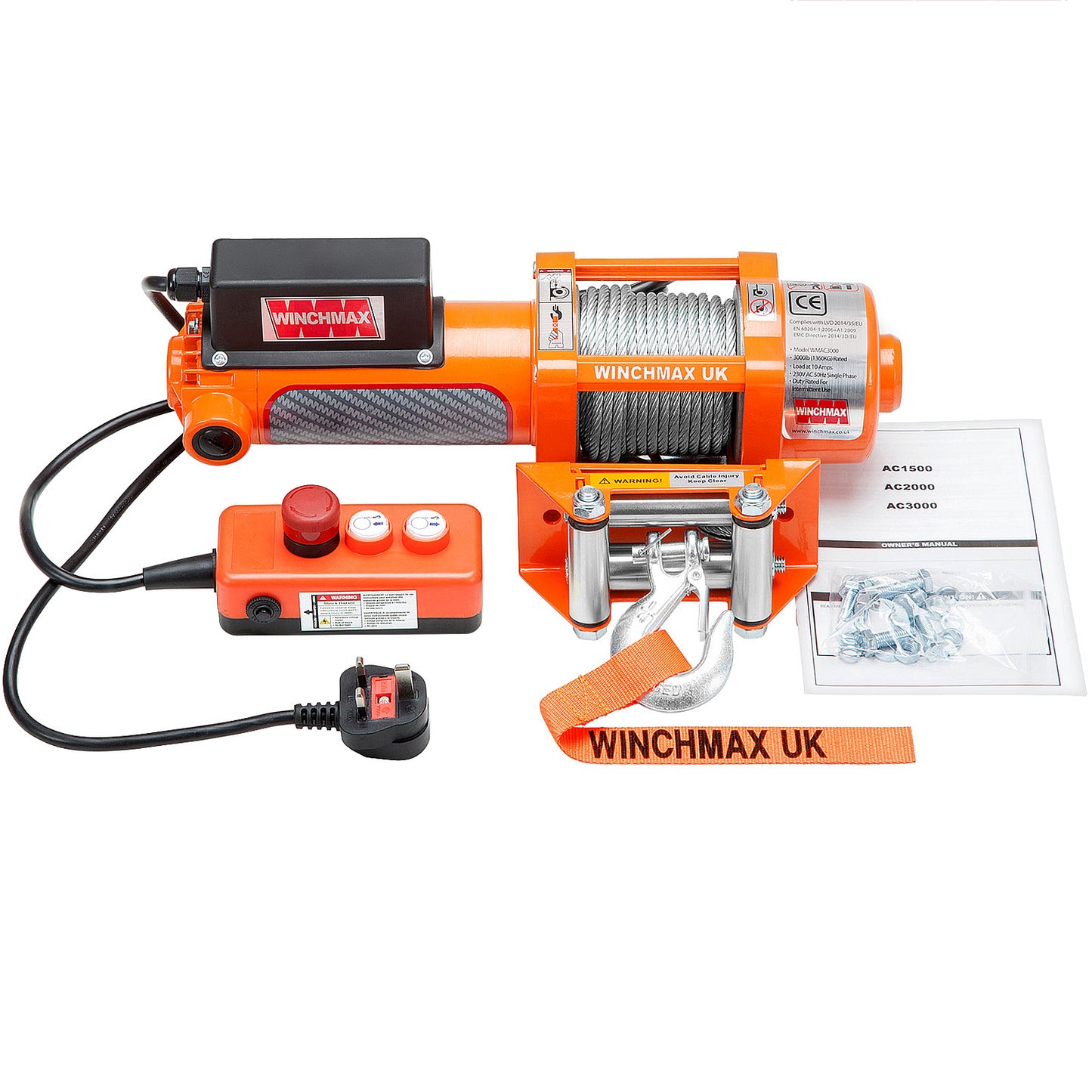Treuil monophasé orange d'origine de 3 000 lb (1 361 kg) 240 V 13 A. Câble en acier de 12,5 m x 5 mm et crochet de 1/4 po