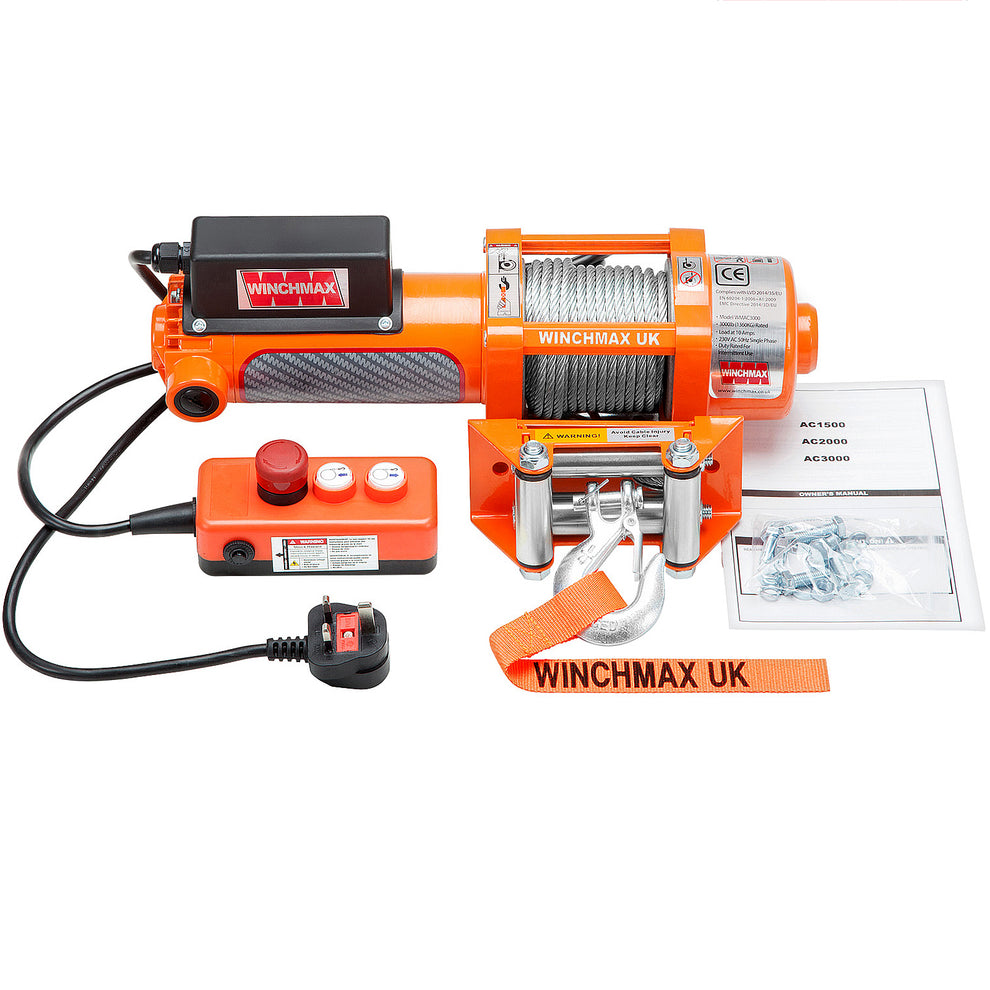 1,500lb 240V 13A Single Phase Winch. 12.5m x 5mm Steel Rope. 1/4 inch ...