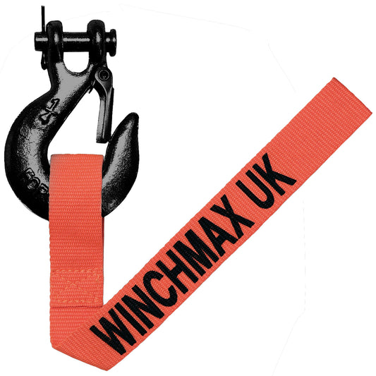 Black winch hook with orange strap labeled 'WINCHMAX UK' on a white background