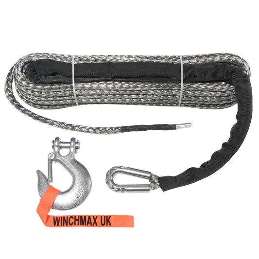 Hochwertiges synthetisches Windenseil, 25 m x 13 mm, Lochbefestigung. 1/2-Zoll-Gabelkopfhaken.