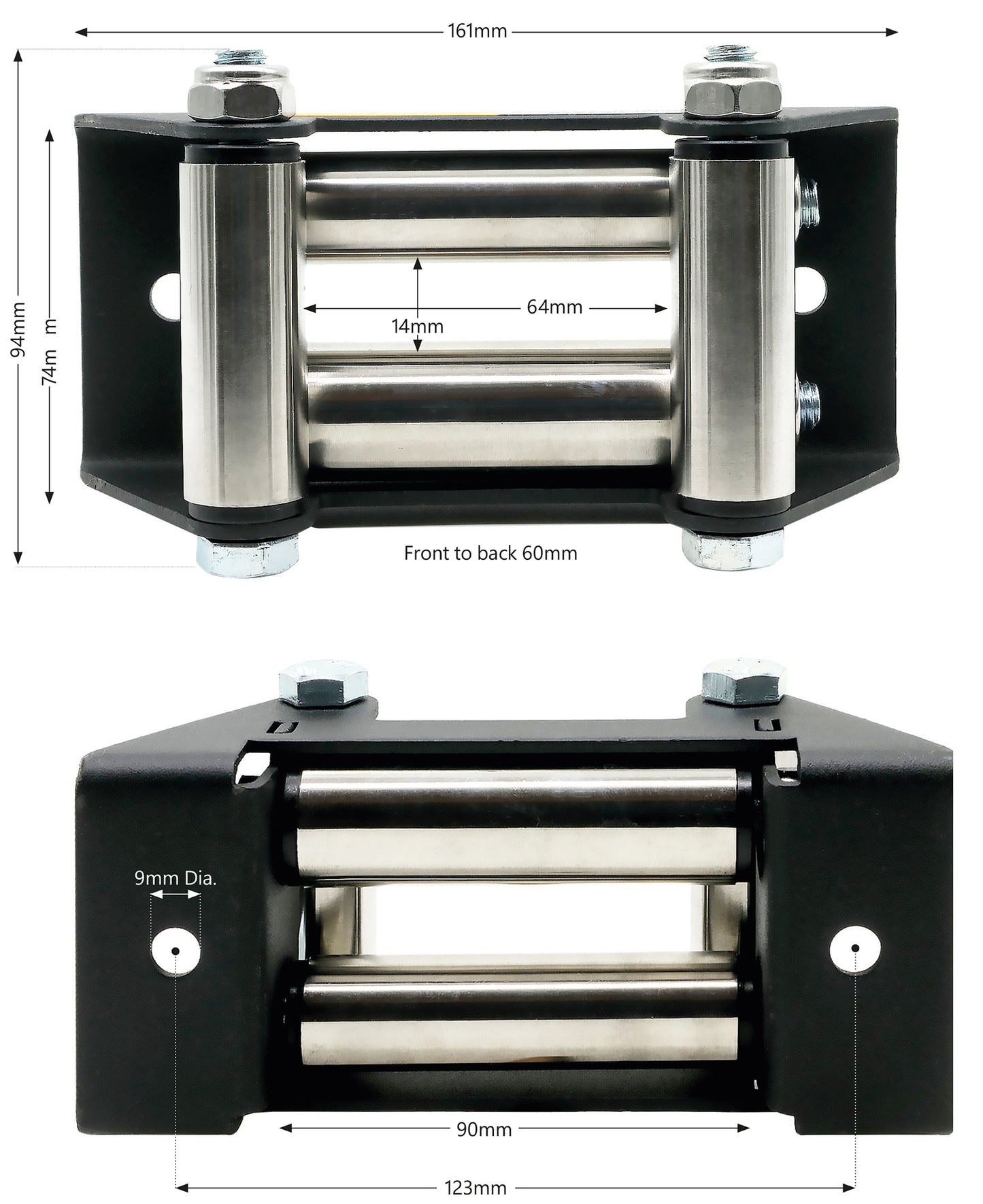 Roller Fairlead, Small, Military Grade Matt Black. Stainless Steel Rollers.