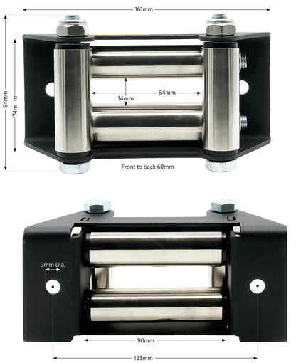 Roller Fairlead, Small, Military Grade Matt Black. Stainless Steel Rollers.