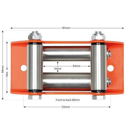 Roller Fairlead, Small, Orange. Zinc Plated Rollers.