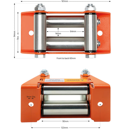 Roller Fairlead, Small, Orange. Zinc Plated Rollers.