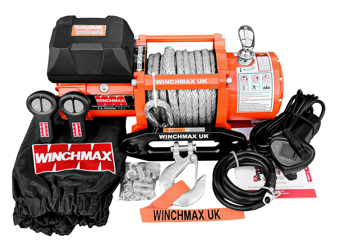 13,500lb 12V Winch. 15m x 11mm Synthetic Rope. 3/8 inch Hook + MP - Short Drum