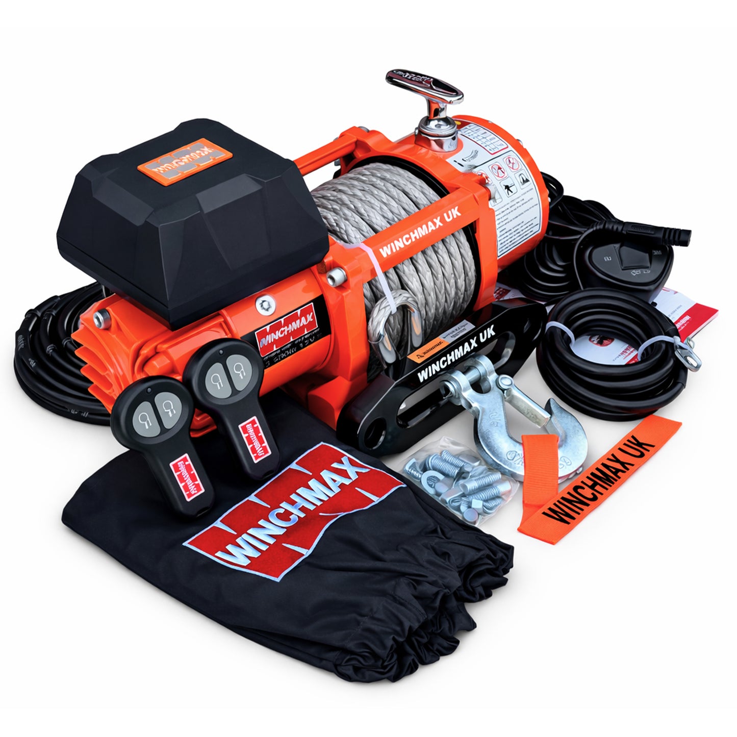 13,500lb 12V Winch. 15m x 11mm Synthetic Rope. 3/8 inch Hook + MP - Short Drum