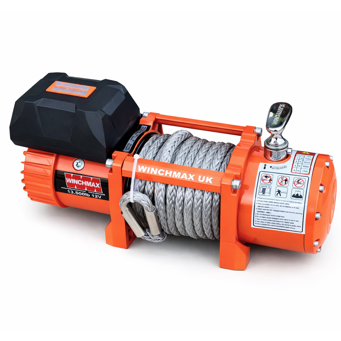 13,500lb 12V Winch. 15m x 11mm Synthetic Rope. 3/8 inch Hook + MP - Short Drum