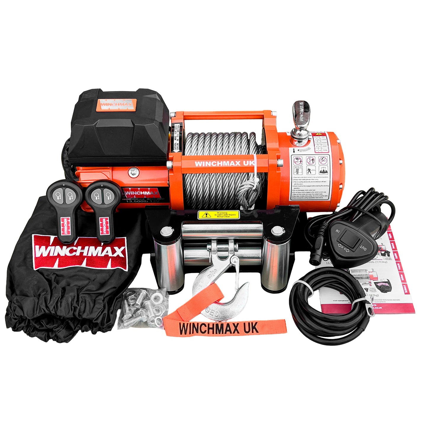 13,500lb 12V Winch. 15m x 9.5mm Steel Rope. 3/8 inch Hook + MP - Short Drum - Compact Trailer Winch