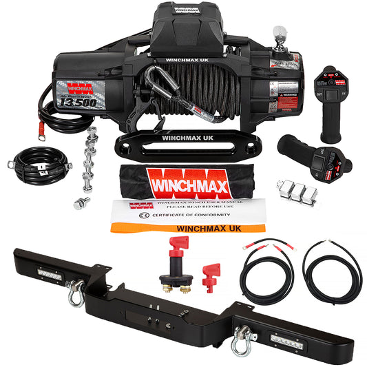 13,500lb (6,123kg) 'SL Series' 12v Military Grade Winch. Defender Bumper, 25m x 10mm Armourline Rope, Isolator.