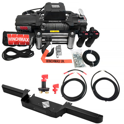 13,500lb (6,123kg) 'SL Series' 12v Military Grade Winch. Defender Bumper, 26m x 9.5mm Steel Rope, Wiring Kit & Isolator.