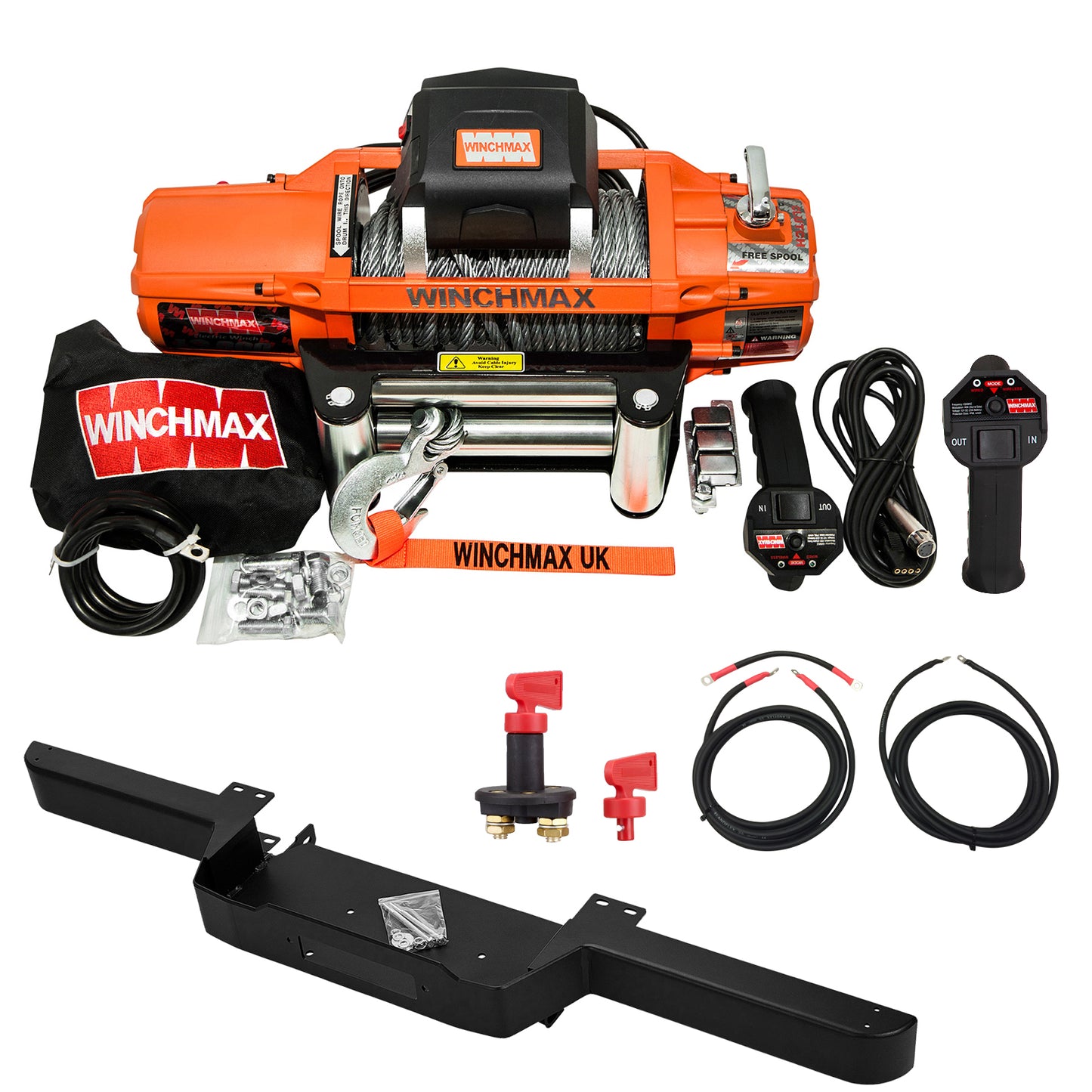 13.500 lb (6.123 kg) Original orange 12-V-Winde der „SL-Serie“. Defender-Stoßstange, 26 m x 9,5 mm Stahlseil, Isolator.