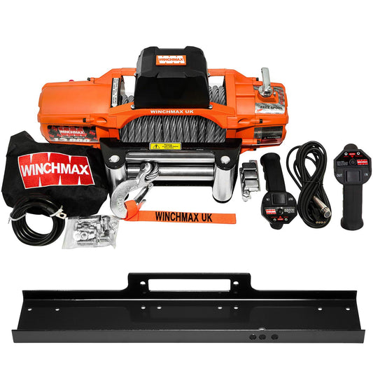 13,500lb (6,123kg) Original Orange 12v Electric Winch. 28 x 11mm Dyneema Rope, Flat Bed Mounting Plate