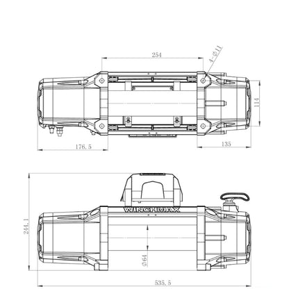 13.500 lb (6.123 kg) 12-V-Winde in Militärqualität der „SL-Serie“. 25 m x 10 mm Armourline-Seil, zwei Fernbedienungen.