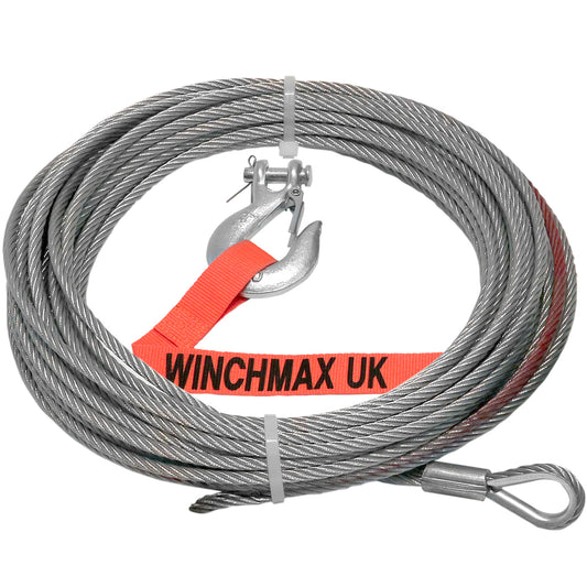 Steel Rope 15m x 6mm. Hole fix. 1/4 Inch hook. For winches up to 4,000lb.