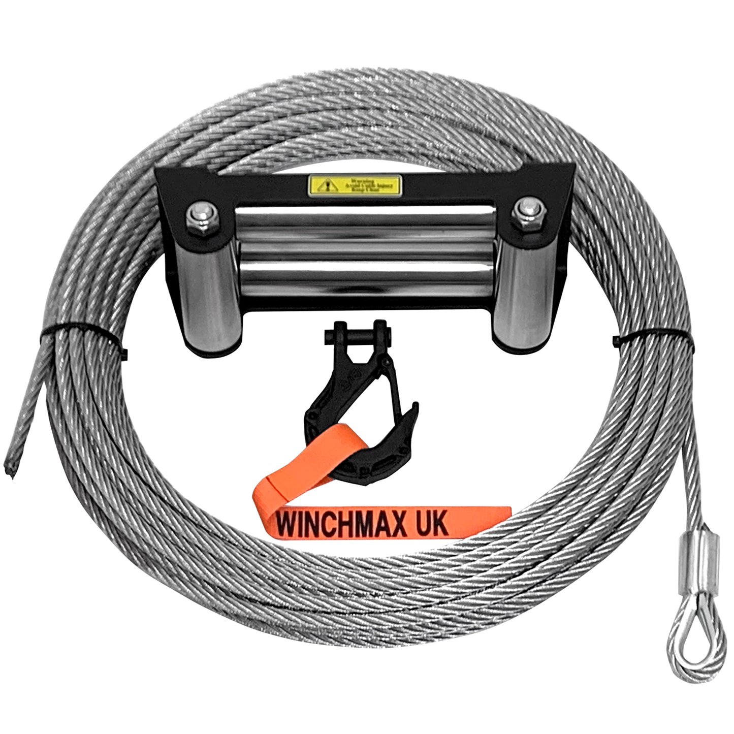 Steel Rope 26m x 9.5mm, Hole Fix. Roller Fairlead. 3/8 inch Tactical Hook. For winches up to 13,500lb.