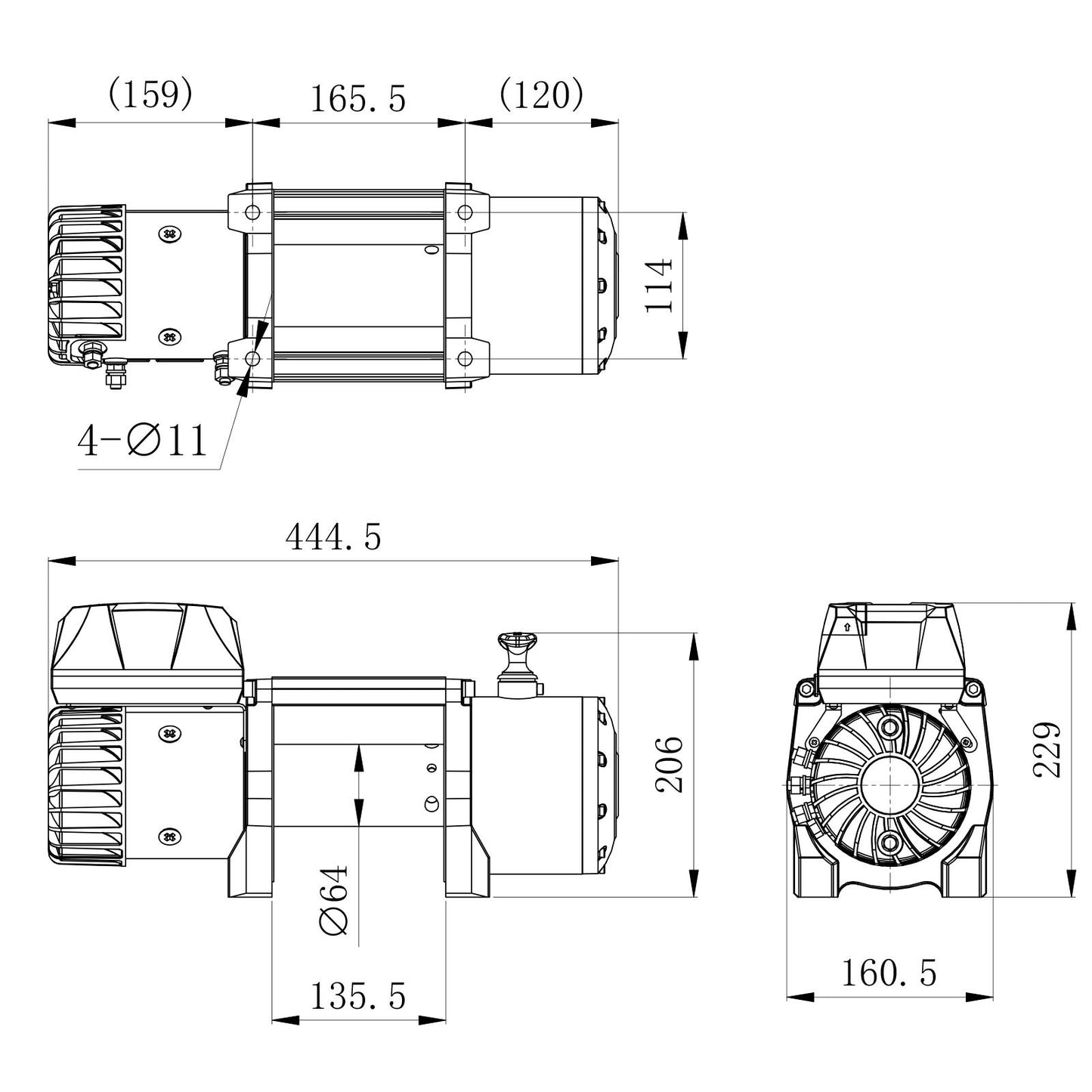 13,500lb 12V Winch. 15m x 11mm Synthetic Rope. 3/8 inch Hook + MP - Short Drum