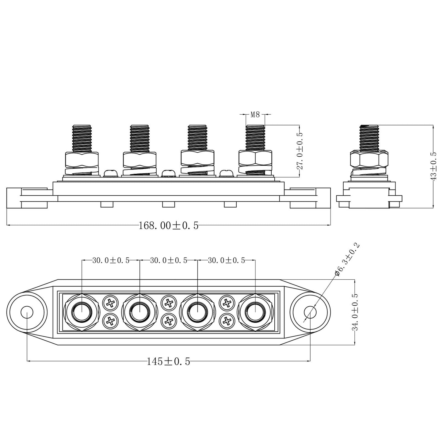 Bus Bar 250a 4 x M8 terminals. 6 screw terminals. Red.